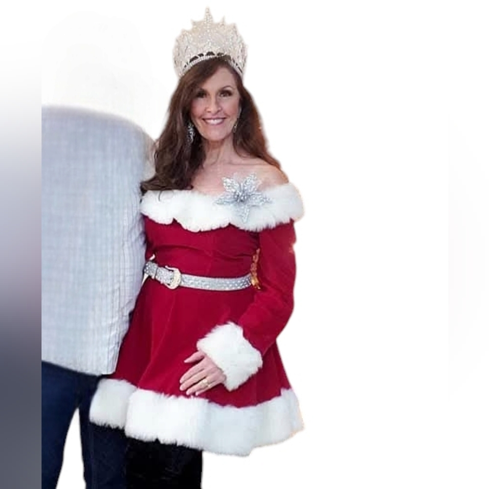 Vintage Rubies Christmas Ms Santa Clause Red Velvet Off Shoulder White Fur Dress